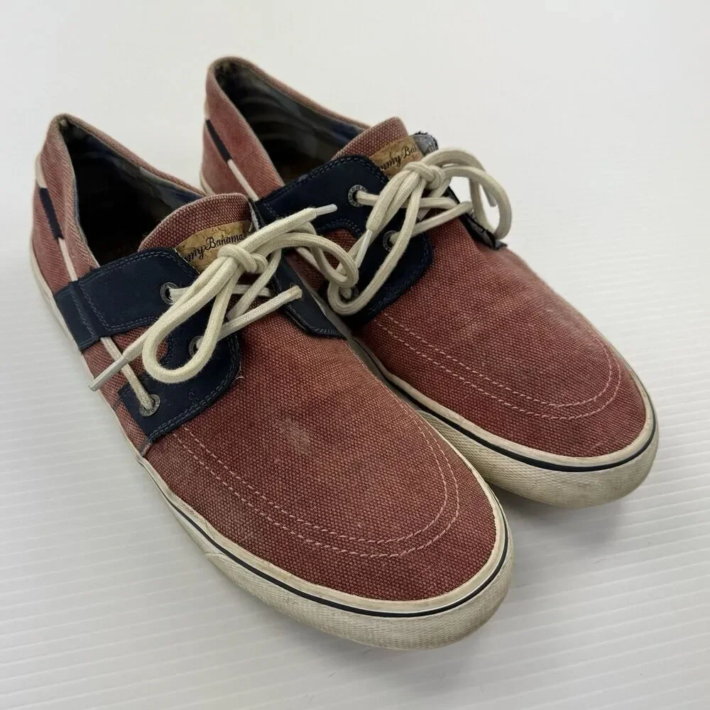 Tommy Bahama Asunder Stripes Canvas Boat Shoes Red Blue Men 10.5 Deck Nautical
